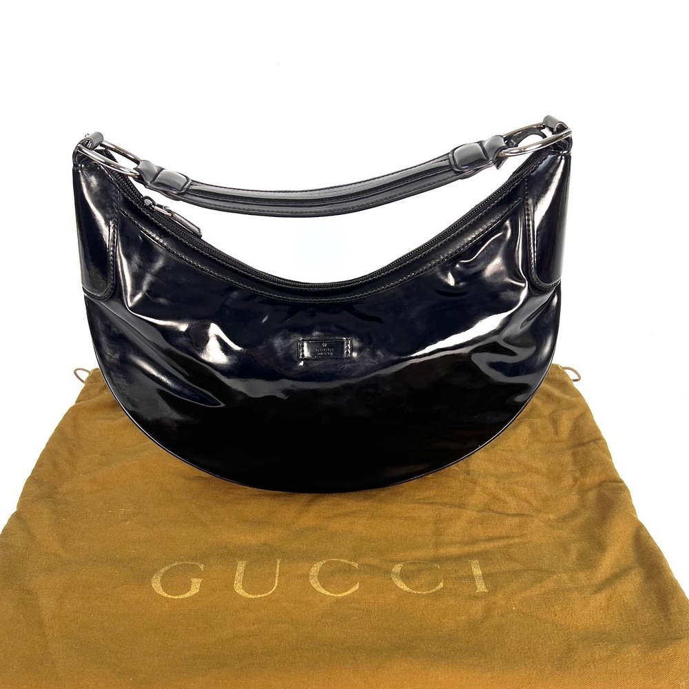 Gucci Black Patent Leather Hobo Shoulder Bag Horsebit Lining Italy Dust Bag